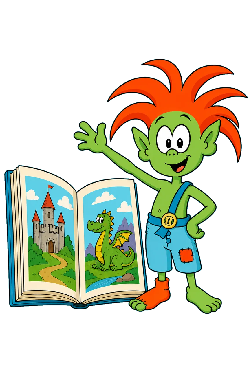 KAI, der kleine Klabauterbold, winkt neben einem aufgeschlagenen Bilderbuch