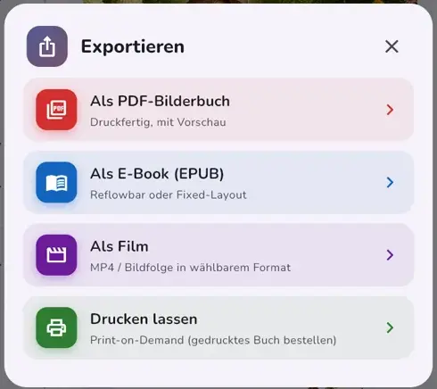Export als PDF, E-Book, Film oder als gedrucktes Buch